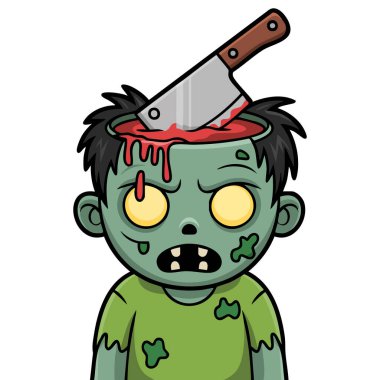  Kafasına balta saplanmış komik bir zombi çizgi filmi.