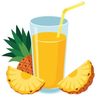  Dilimlenmiş taze ananas ve bir bardak sarı meyve suyu.