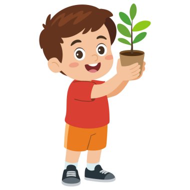  Neşeli çocuk saksıda çiçek tutuyor ve gülümsüyor.