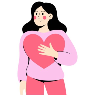  Genç bir kadın büyük pembe bir kalbe sevgiyle sarılıyor.