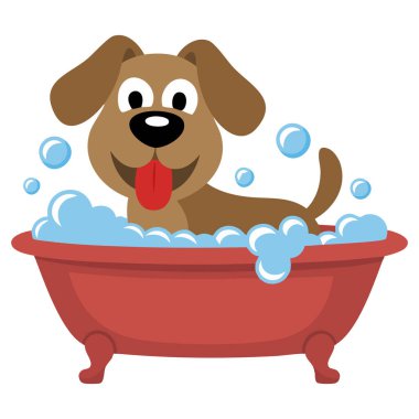  Köpek küvet vektör illüstrasyonunda banyo yapıyor.