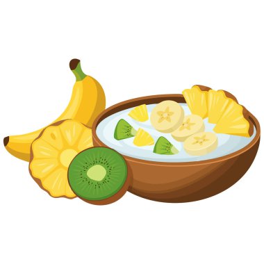 Sütlü tatlı, kâse düz vektör çiziminde egzotik meyveler.