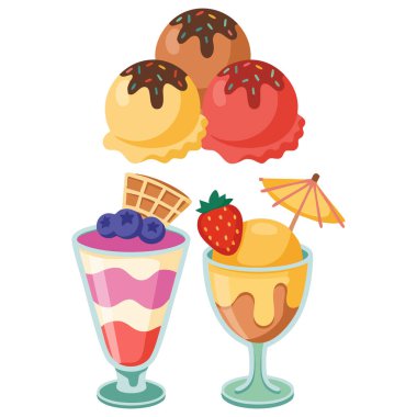 Çeşitli malzemeler ve waffle vektörlü dondurma tatlısı