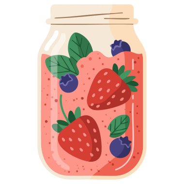 Mason kavanozunda taze meyve püresi ve saman vektör çizimi.