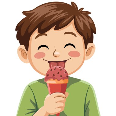 Yüzü dağılmış dondurma yiyen mutlu çocuk.