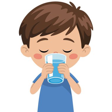 Gülümseyen çocuk su içiyor. Sağlıklı çocuk vektör çizimi.