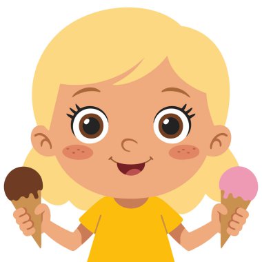 Küçük kız dondurma külahı vektör çizimi yiyor.