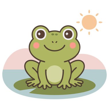 Karikatür kurbağası zambaklarla gölde oturuyor.