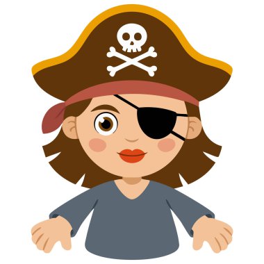 Korsan gibi giyinmiş, şapkalı ve göz bandı takan bir kız.