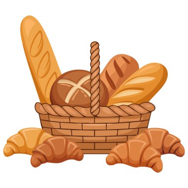 Beyaz arkaplanda çeşitli fırınlanmış ürünler içeren ekmek sepeti izole edilmiş vektör çizimi