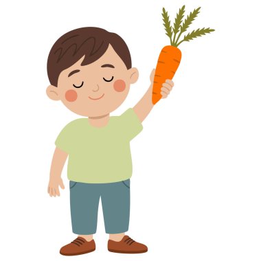 Mutlu çocuk beyaz arka planda izole edilmiş taze havuç yiyor.