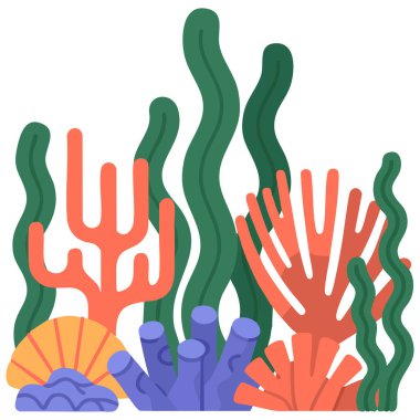 Beyaz arka planda deniz yosunu ve mercan koleksiyonu izole edilmiş vektör çizimi