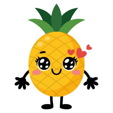 Şirin kawaii ananas emojisi beyaz arkaplanda izole edilmiş vektör çizimiyle karşı karşıya