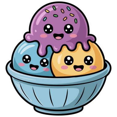 Dondurma topları cam kasede izole edilmiş vektör çizimi beyaz arka planda