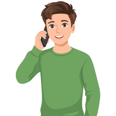Genç adam telefon karikatüründe konuşuyor. Beyaz arka planda izole edilmiş vektör çizimi.