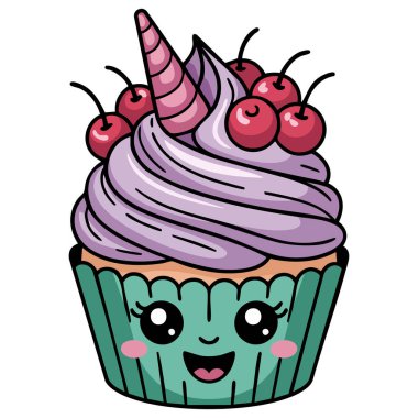 Beyaz arkaplanda şirin tekboynuzlu kek kawaii stili izole edilmiş vektör çizimi