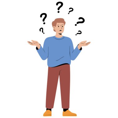Puzzled man with question marks thinking isolated vector illustration on white background
