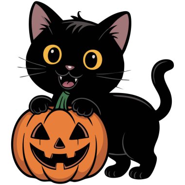 Beyaz arkaplanda kabak kabağı izole edilmiş vektör çizimi olan Cadılar Bayramı cadı kedisi