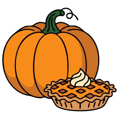 Beyaz kremalı balkabağı turtası. Şükran Günü beyaz arka planda izole edilmiş vektör çizimi.