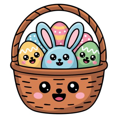 Paskalya kurabiyeleri sepeti kawaii geleneği beyaz arka planda izole edilmiş vektör çizimi