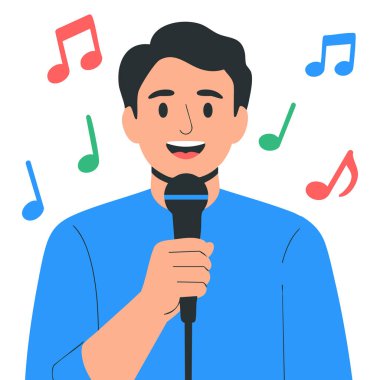 Mikrofon performansına şarkı söyleyen adam beyaz arkaplanda izole edilmiş vektör çizimi yapıyor