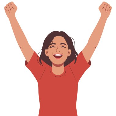 Zaferi kutlayan mutlu kadın beyaz arka planda izole edilmiş vektör çizimi