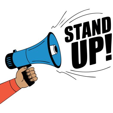 El ele tutuşan megafon beyaz arka planda izole edilmiş vektör illüstrasyonunu kaldırır