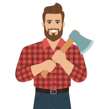 Oduncu güçlü adam beyaz arka planda baltalı izole vektör çizimi ile