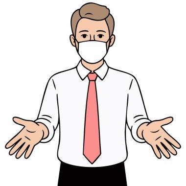 Hijyen maskesi koruması olan bir işadamı beyaz arka planda izole edilmiş vektör çizimi