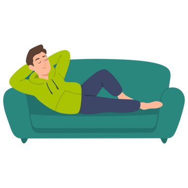 Kanepede uyuyan kişi beyaz arka planda izole edilmiş vektör çizimi