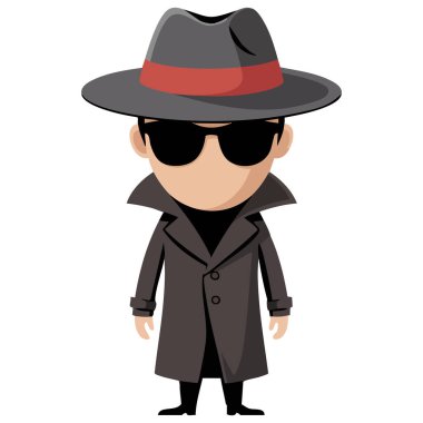 Siyah gözlüklü şüpheli karakter beyaz arkaplanda izole vektör çizimi