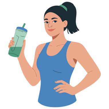 Plastik şişeden içen liseli kız beyaz arka planda izole edilmiş vektör çizimi