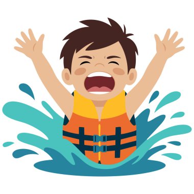 Beyaz arka planda, yelek izole edilmiş vektör çizimi ile suda boğulan küçük çocuk.