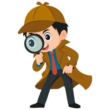 Çizgi film dedektifi çocuk karakteri beyaz arka planda izole edilmiş vektör çizimi