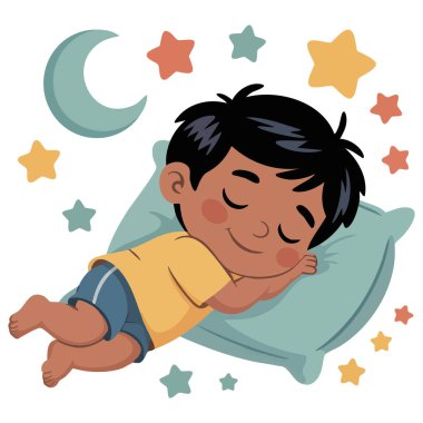 Beyaz arka planda yumuşak yastıkta uyuyan çocuk izole vektör çizimi