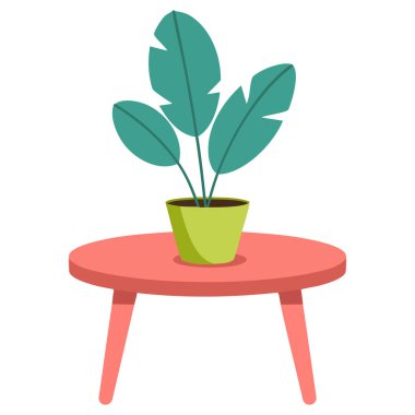 Yuvarlak masa iç dekorasyonu üzerine saksı bitkisi beyaz arka planda izole edilmiş vektör çizimi