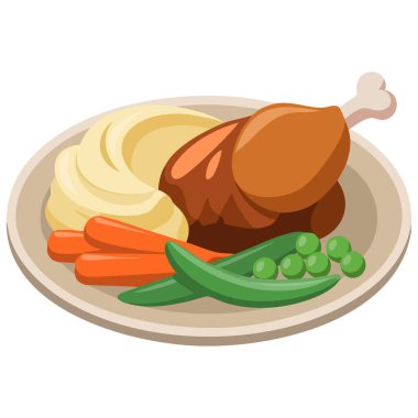 Beyaz arka planda izole edilmiş patates püresi sebzeli tavuk tabağı.