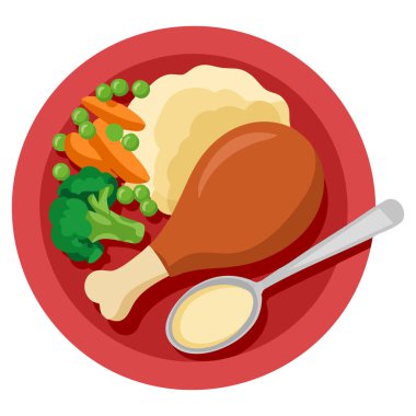 Tavuk budu patates püresi sebze yemeği beyaz arka planda izole edilmiş vektör çizimi