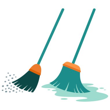 temizlik araçları süpürge ve paspas beyaz arkaplan üzerine izole vektör illüstrasyonunu ayarla