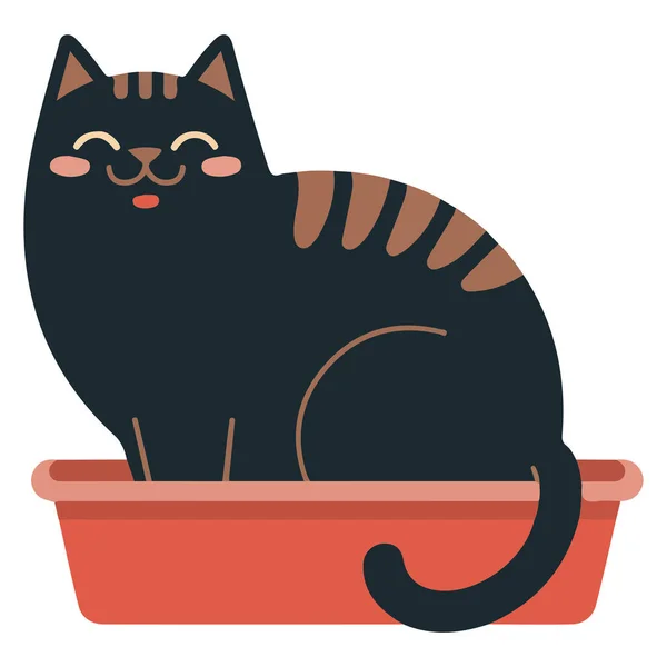 Feline pet sitting in toilet tray with cleaning accessories isolated vector illustration on white background