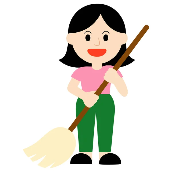  Ev hanımı, evi temizlemek için süpürge tutuyor.