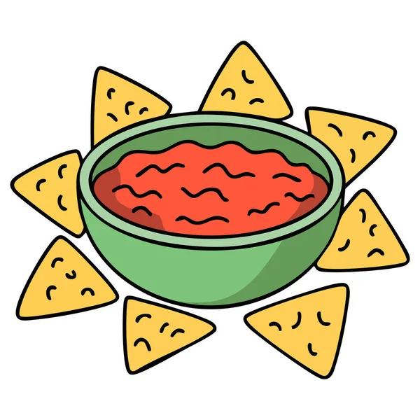  Tortilla cipsi ve cips için bir kase salsa sosu.