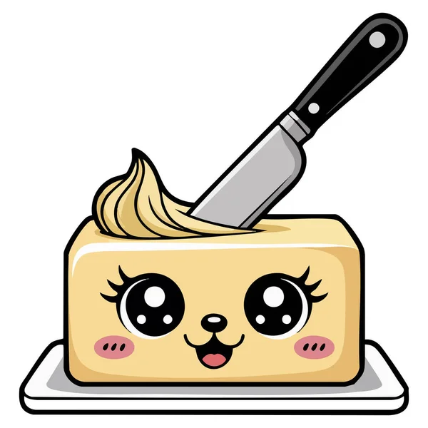 Beyaz arkaplanda tek dilim izole vektör illüstrasyonlu Kawaii tereyağı çubuğu