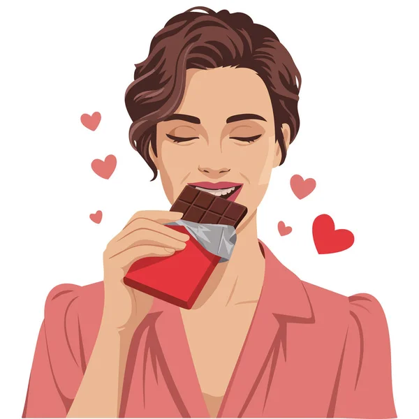 Çikolata yiyen kadın beyaz arka planda izole edilmiş vektör çizimi