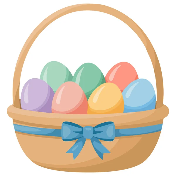 Yumurtalı sepet. Paskalya kutlaması. Beyaz arka planda izole edilmiş vektör çizimi.