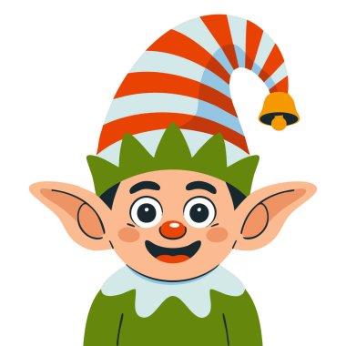 Beyaz arkaplanda şirin karakter tasarımı izole edilmiş vektör illüstrasyonlu Noel elfi yüzü