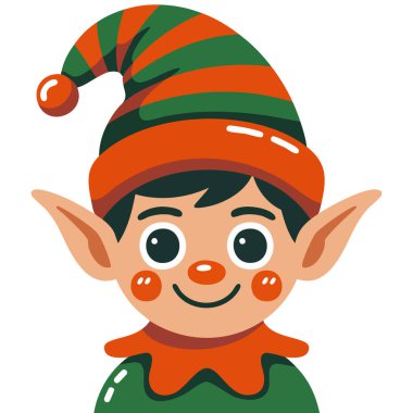 Mutlu yüzlü Noel Baba yardımcısı elf beyaz arka planda izole edilmiş vektör çizimi