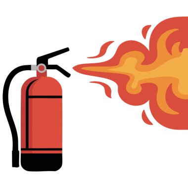 Kırmızı yangın söndürücü ile yanan yangın güvenlik ekipmanları beyaz arka planda izole vektör illüstrasyonu