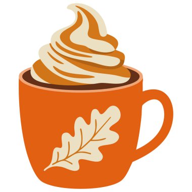 Beyaz arka planda kabak baharatlı ve kremalı sıcak sonbahar içeceği ve izole edilmiş vektör çizimi