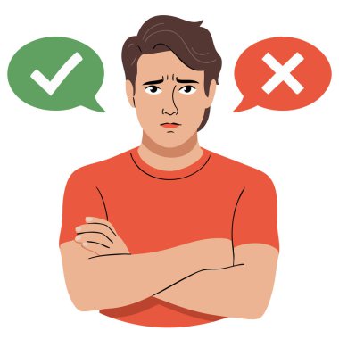 Düşünen adam beyaz arkaplanda izole edilmiş düşünce baloncuğu vektör çizimi ile bakıyor